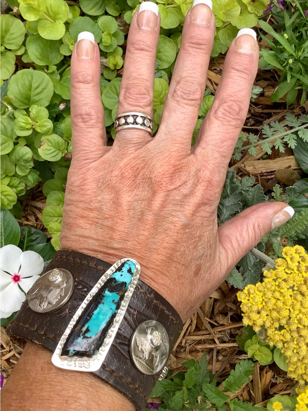 Turquoise/sterling/ nickels cuff, up to 6 3/4” wrist